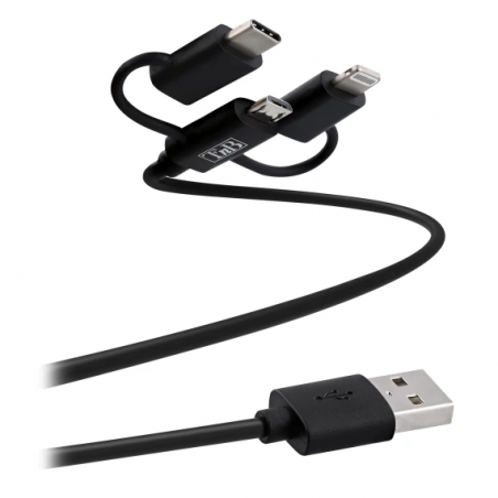 Câble USB avec connecteurs Lightning + micro USB + type C